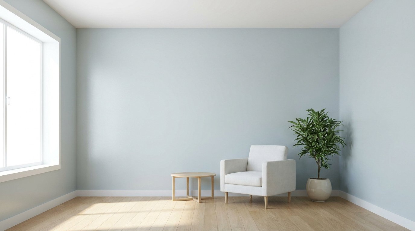 Intérieur épuré avec murs bleu clair, fauteuil blanc, petite table en bois et plante verte pour un espace lumineux.