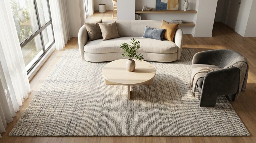 Vue de dessus d'un salon moderne avec un grand tapis texturé beige et gris sous un canapé et une table basse ronde.