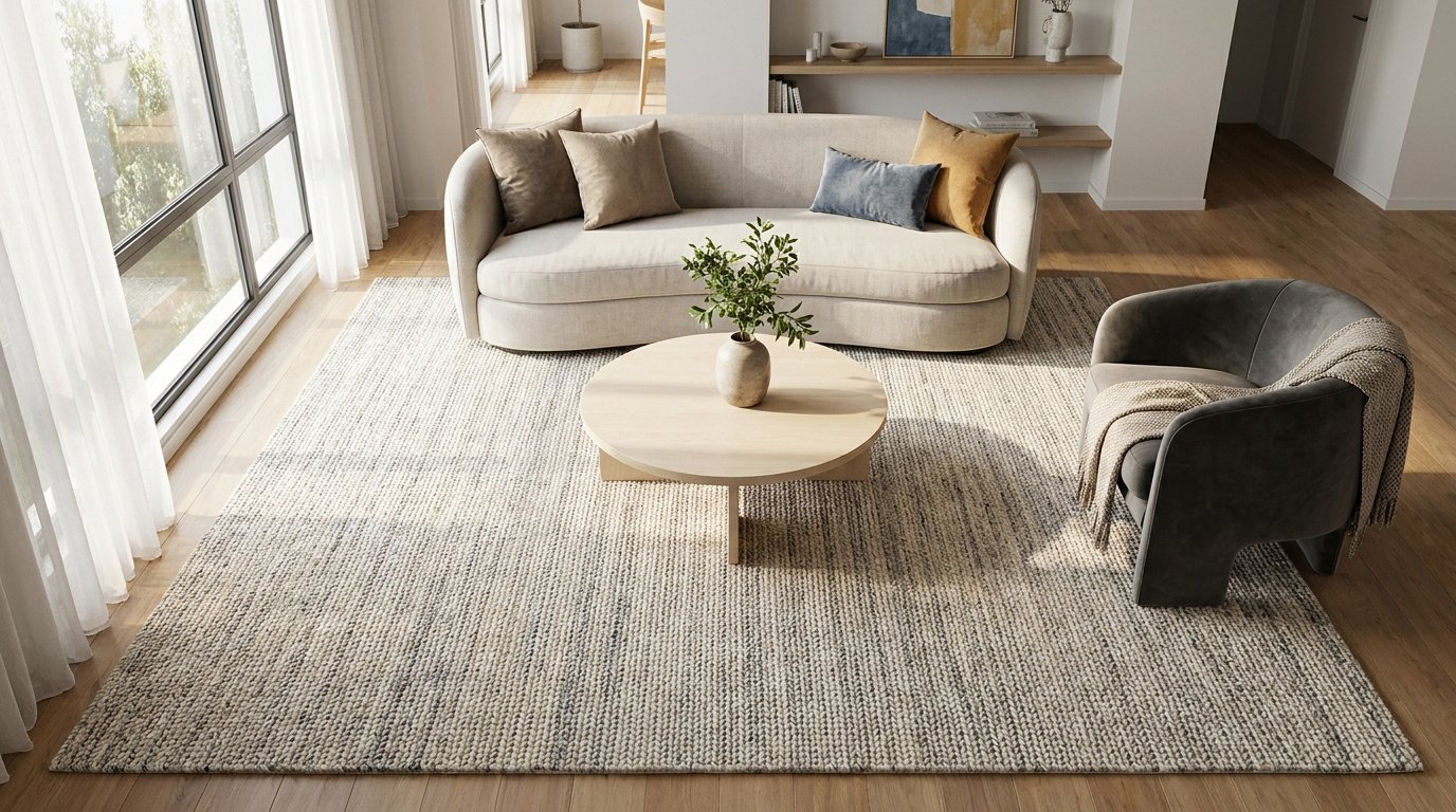 Vue de dessus d'un salon moderne avec un grand tapis texturé beige et gris sous un canapé et une table basse ronde.