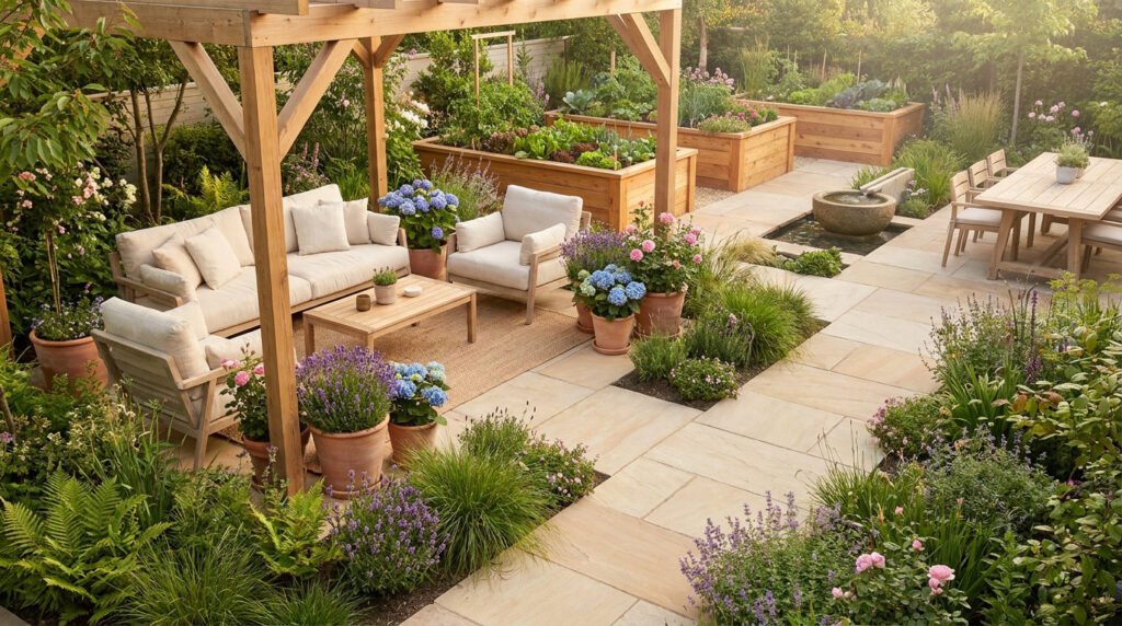 Salon de jardin sous pergola en bois avec plantes, fleurs en pot et bacs potagers sur une terrasse en pierre naturelle.