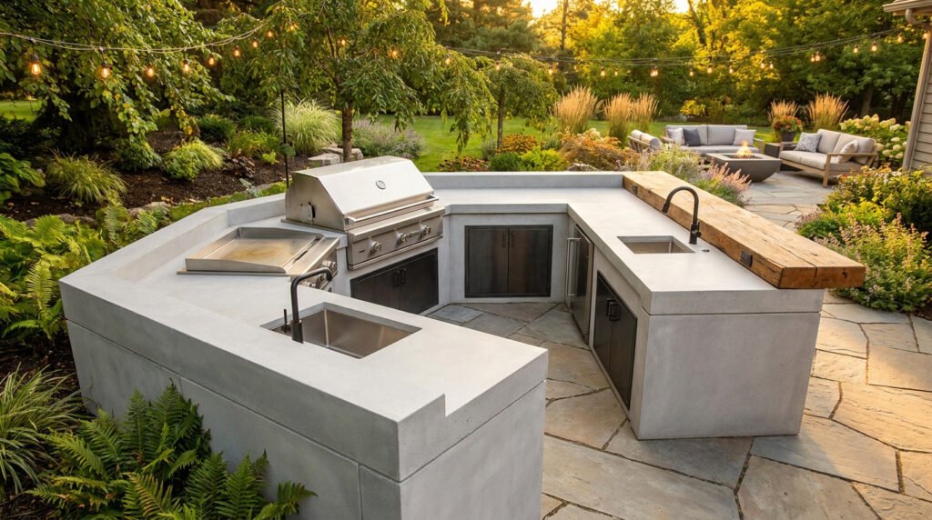 Cuisine d'extérieur en béton en forme de U équipée d'un barbecue, d'une plancha et d'éviers dans un jardin luxuriant.