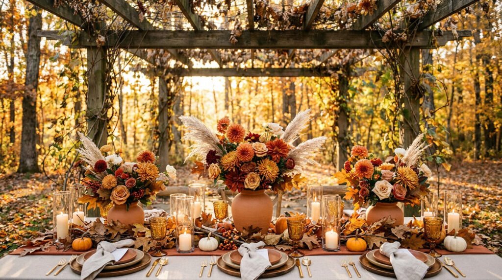 Table de mariage décorée avec des fleurs automnales sous une pergola dans une forêt aux couleurs orangées.