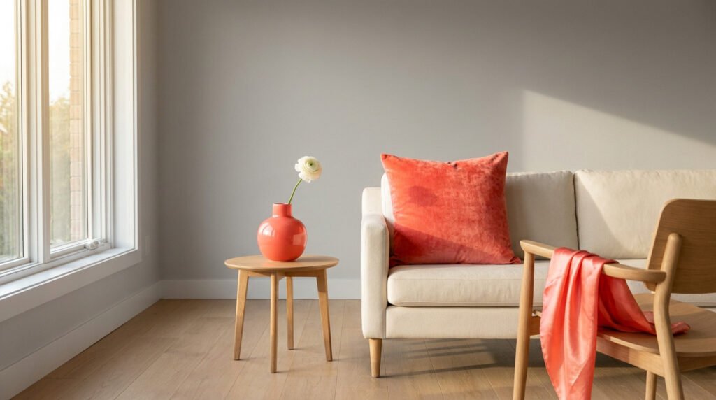 Salon épuré avec un canapé crème, un coussin et une étole corail, et une fleur dans un vase orange corail sur une table.
