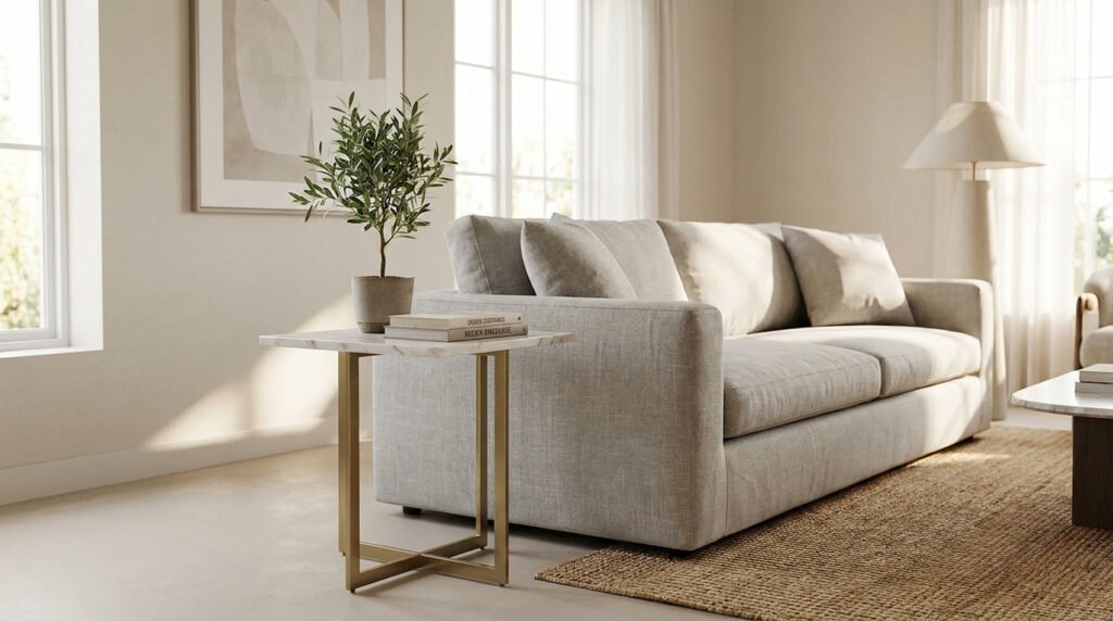 Bout de canapé en marbre et métal doré placé à côté d'un canapé gris dans un salon lumineux au style minimaliste.