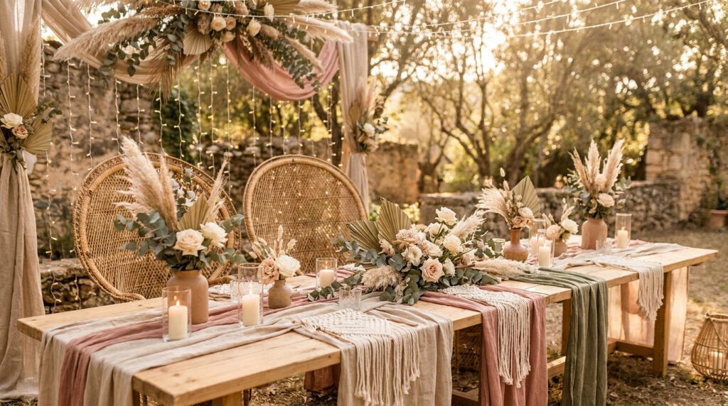 Table de mariage bohème avec fleurs séchées, chaises en rotin et guirlandes lumineuses en extérieur.