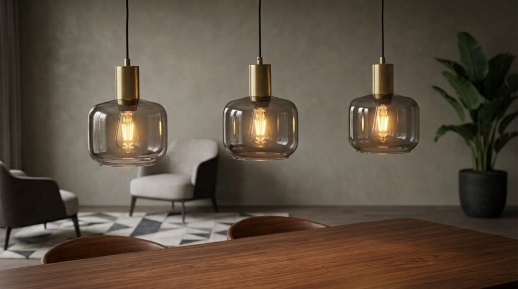 Trois lampes suspendues en verre fumé avec douilles dorées au-dessus d'une table en bois dans un salon moderne.