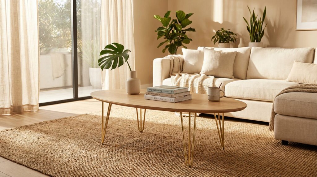 Table basse ovale en bois clair avec pieds dorés, disposée dans un salon moderne aux tons neutres et naturels.